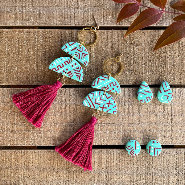 Family of turquoise bohemian earrings handmade from polymer clay