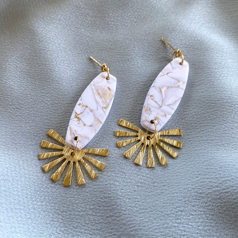 White and gold faux marble dangle earrings handmade with polymer clay with brass components