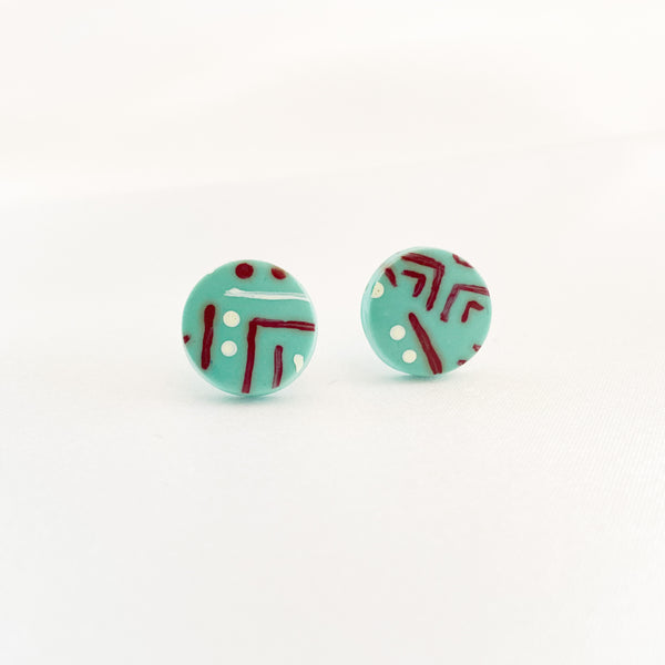 Turquoise bohemian circle stud earrings handmade from polymer clay