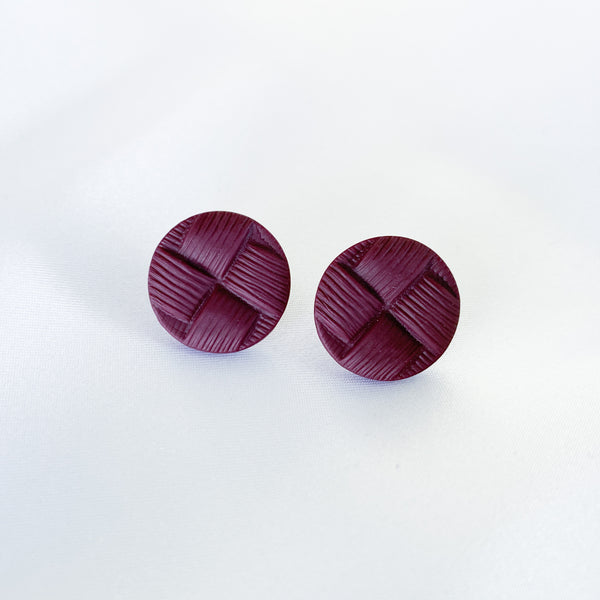 Plum colored button stud earrings handmade from polymer clay