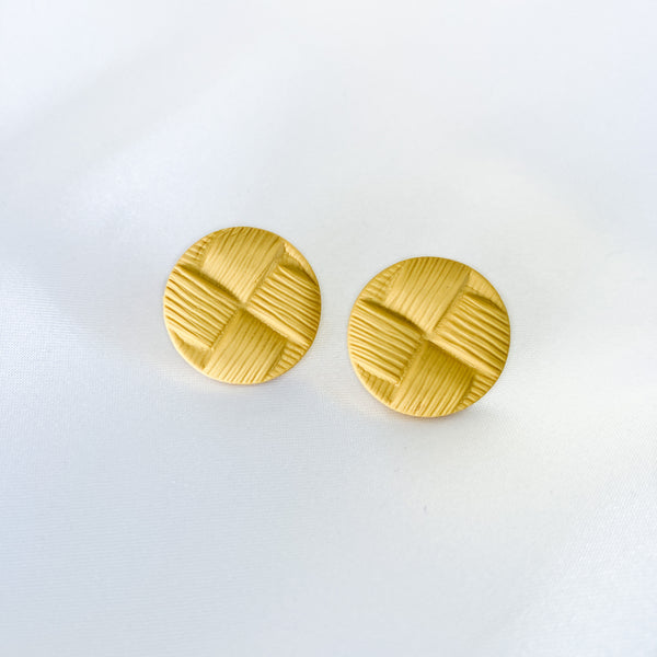 Mustard colored button stud earrings handmade from polymer clay