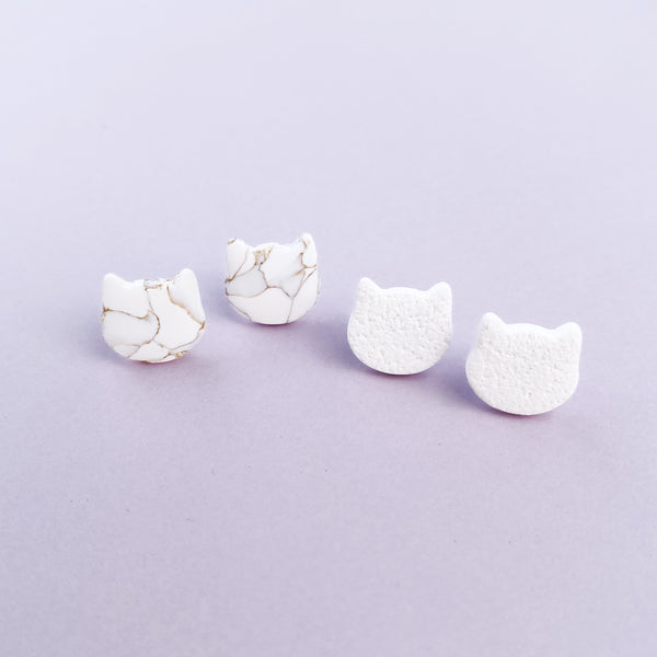 Cat Studs in White and Gold Marble