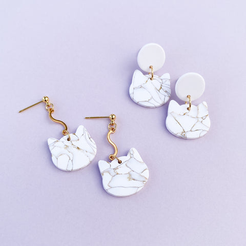Cat Dangles in White and Gold Marble