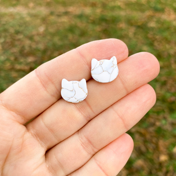 Cat Studs in White and Gold Marble